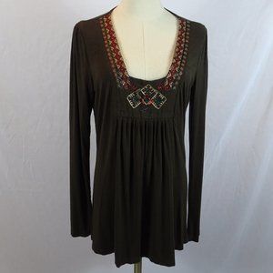 Ann Taylo LOFT Brown Jersey Embroidered Top